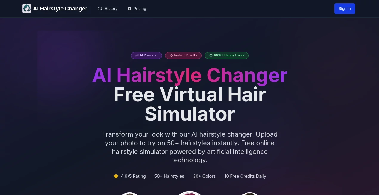 Screenshot of AI Hairstyle Changer – An AI tool in the ,AI Photo & Image Generator ,AI Photography ,AI Selfie & Portrait ,AI Image to Image  category, showcasing its interface and key features.