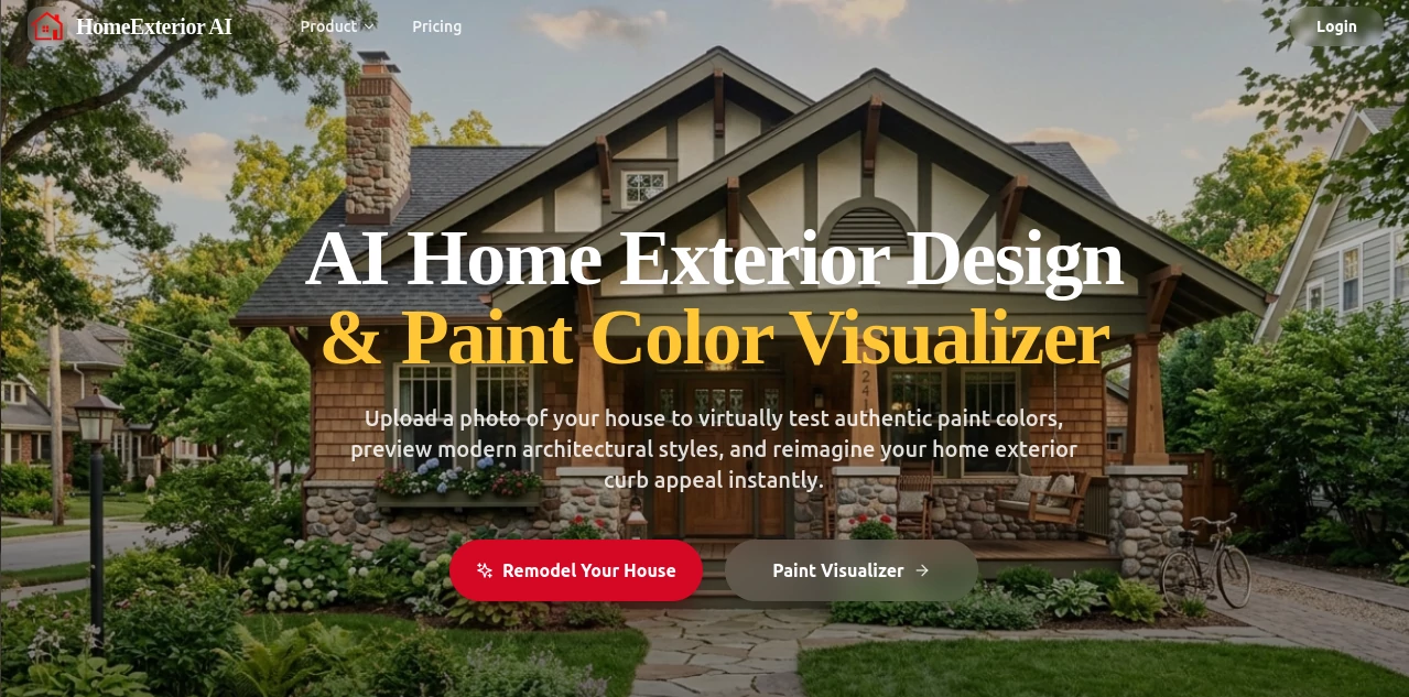 Screenshot of HomeExterior AI – An AI tool in the ,AI Design Generator ,AI Image to Image  category, showcasing its interface and key features.