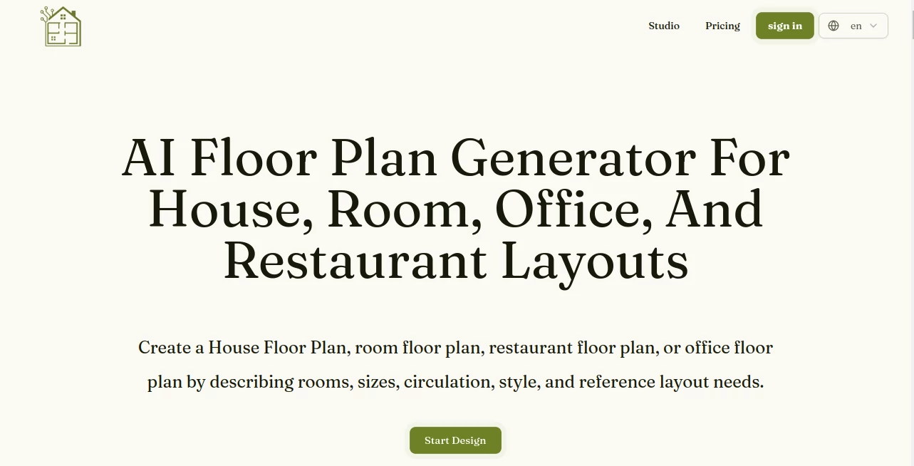 Screenshot of AI House Plan – An AI tool in the ,AI Design Generator ,AI Interior & Room Design ,AI 3D Model Generator ,Design & Art  category, showcasing its interface and key features.