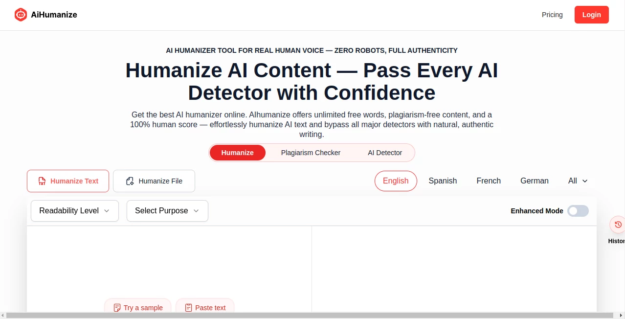 Screenshot of Humanize AI – An AI tool in the ,AI Paraphraser ,AI Content Generator ,AI Rewriter ,AI Writing Assistants  category, showcasing its interface and key features.