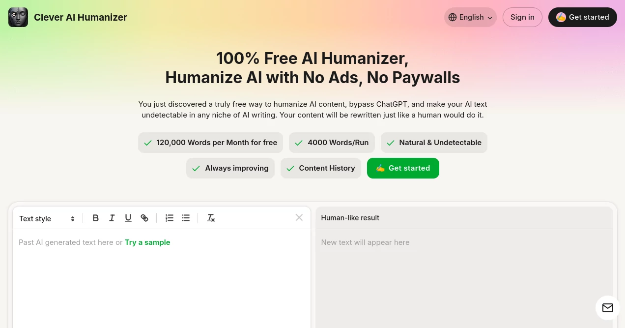 Screenshot of Clever AI Humanizer – An AI tool in the ,AI Grammar Checker ,AI Plagiarism Checker ,AI Rewriter ,AI Content Detector  category, showcasing its interface and key features.