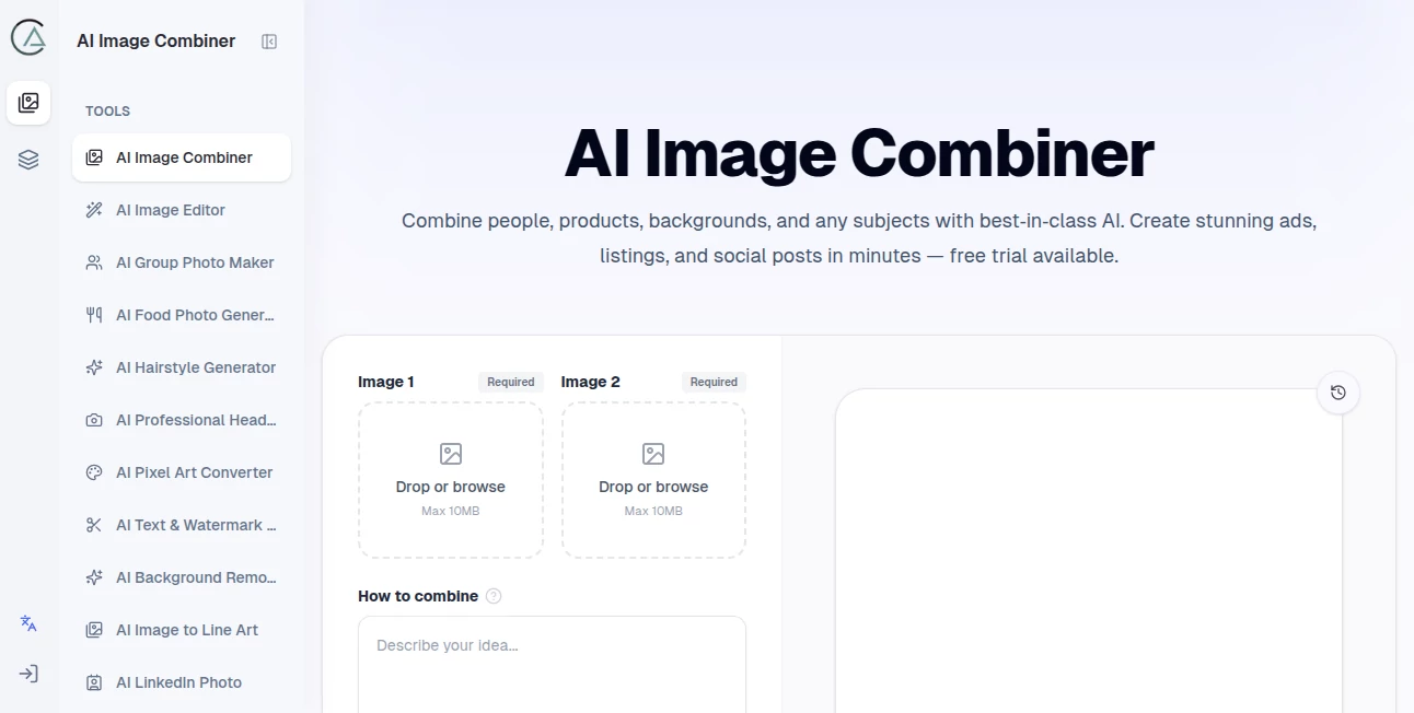 Screenshot of AI Image Combiner – An AI tool in the ,AI Photo & Image Generator ,AI Image to Image ,AI Design Generator  category, showcasing its interface and key features.