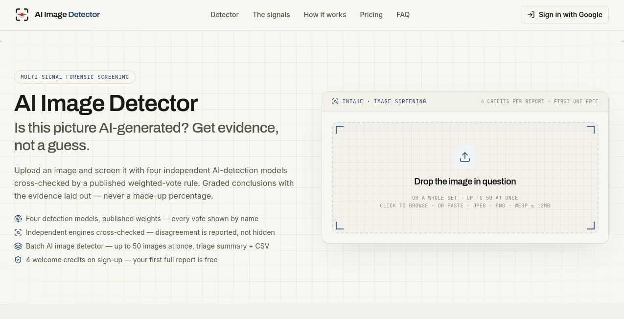 Screenshot of AI Image Detector – An AI tool in the ,AI Image Scanning ,AI Image Recognition ,AI Detector ,AI Content Detector  category, showcasing its interface and key features.