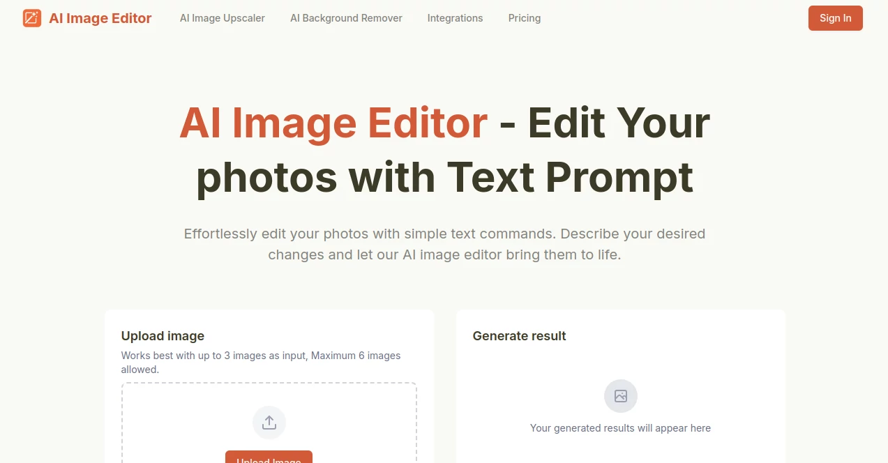Screenshot of AI Image Editor – An AI tool in the ,AI Background Remover ,Photo & Image Editor ,AI Design Generator ,AI Image to Image  category, showcasing its interface and key features.