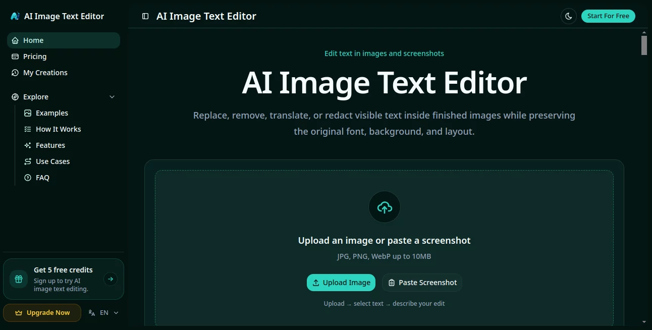 Screenshot of AI Image Text Editor – An AI tool in the ,AI Photo & Image Generator ,Photo & Image Editor ,AI Background Remover ,AI Image to Image  category, showcasing its interface and key features.