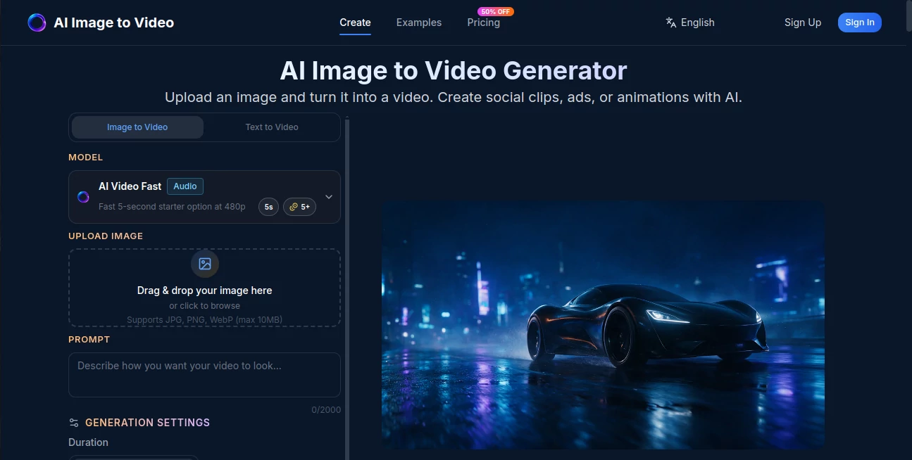Screenshot of AI Image to Video – An AI tool in the ,AI Image to Video ,AI Video Generator ,AI Short Clips Generator  category, showcasing its interface and key features.