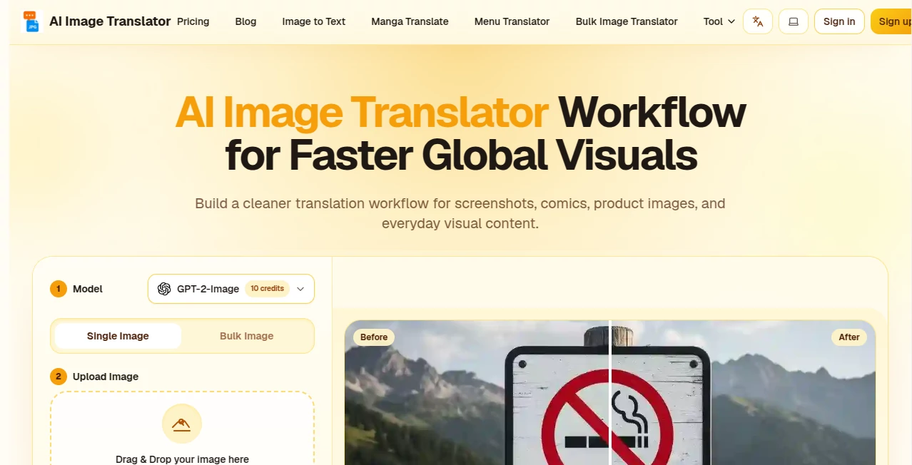 Screenshot of AI Image Translator – An AI tool in the ,AI Image Recognition ,AI Translate ,Photo & Image Editor ,AI Image to Image  category, showcasing its interface and key features.