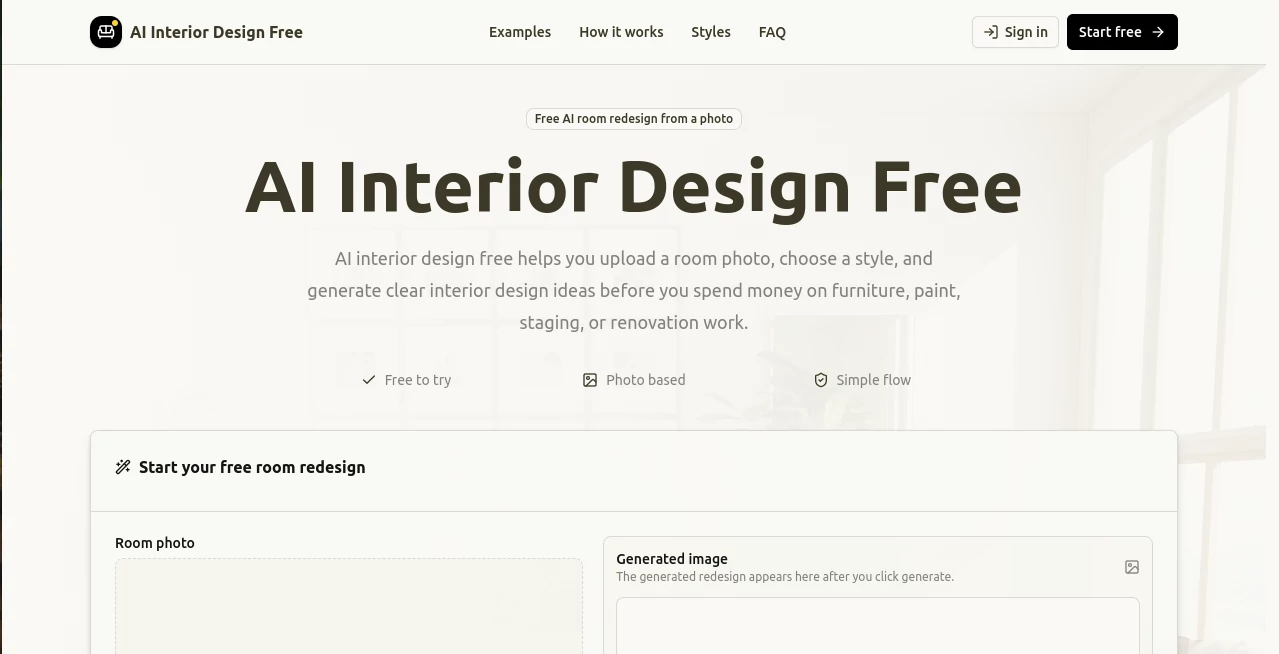 Screenshot of AI Interior Design Free – An AI tool in the ,Photo & Image Editor ,AI Image to Image ,AI Design Generator ,AI Interior & Room Design  category, showcasing its interface and key features.