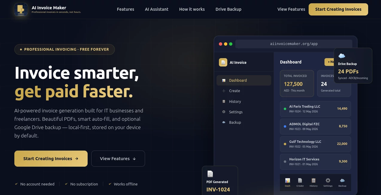 Screenshot of AI Invoice Maker – An AI tool in the ,AI Accounting Assistant ,AI Business Ideas Generator ,AI Productivity Tools ,AI Documents Assistant  category, showcasing its interface and key features.