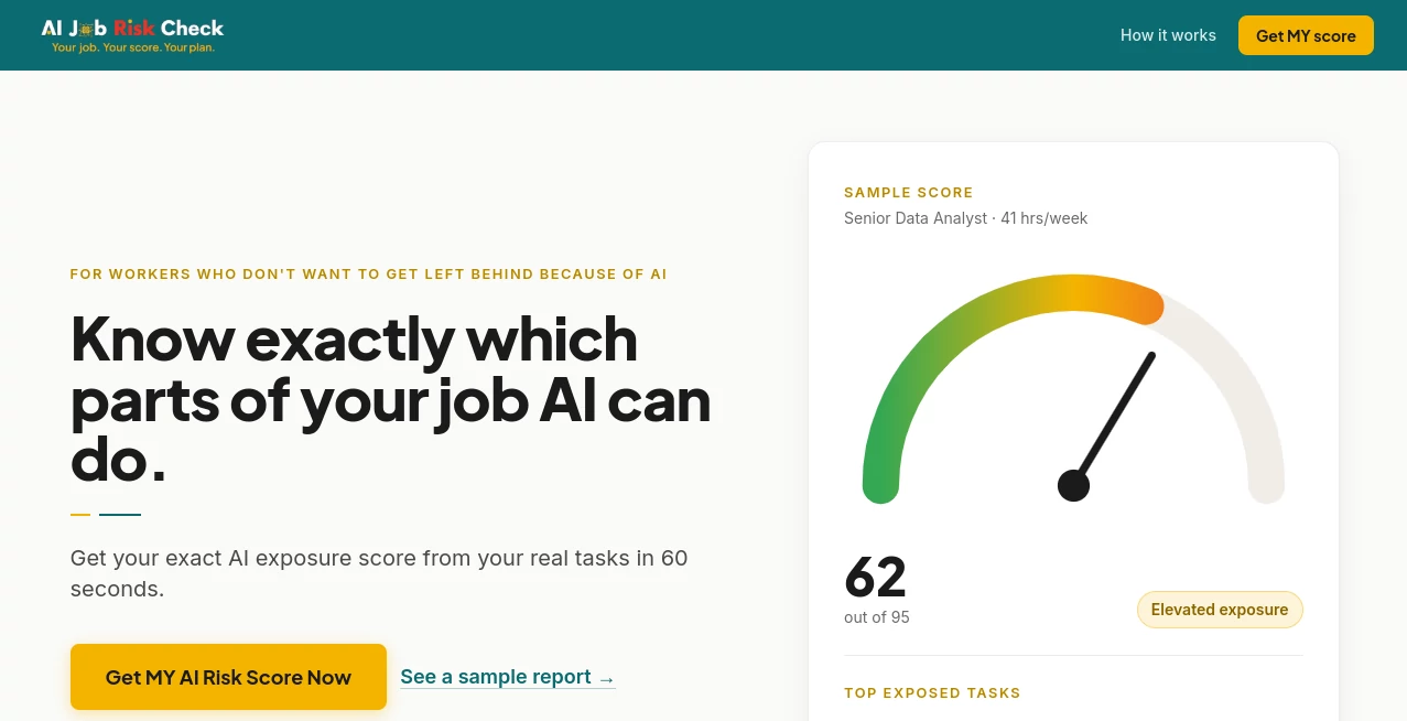 Screenshot of AI Job Risk Check – An AI tool in the ,AI Life Assistant ,AI Roadmap Generator ,AI Research Tool ,AI Recruiting  category, showcasing its interface and key features.