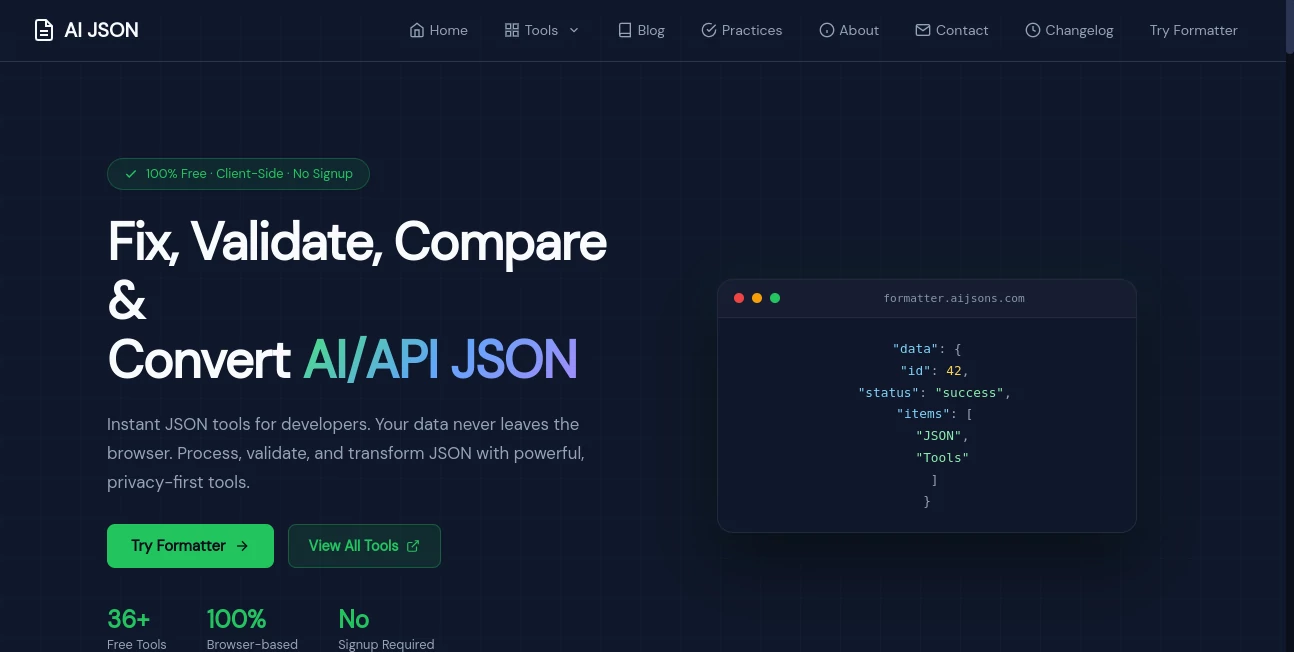 Screenshot of AI JSON Tools – An AI tool in the ,AI Copywriting ,AI Writing Assistants ,AI Content Generator ,AI SEO Assistant  category, showcasing its interface and key features.