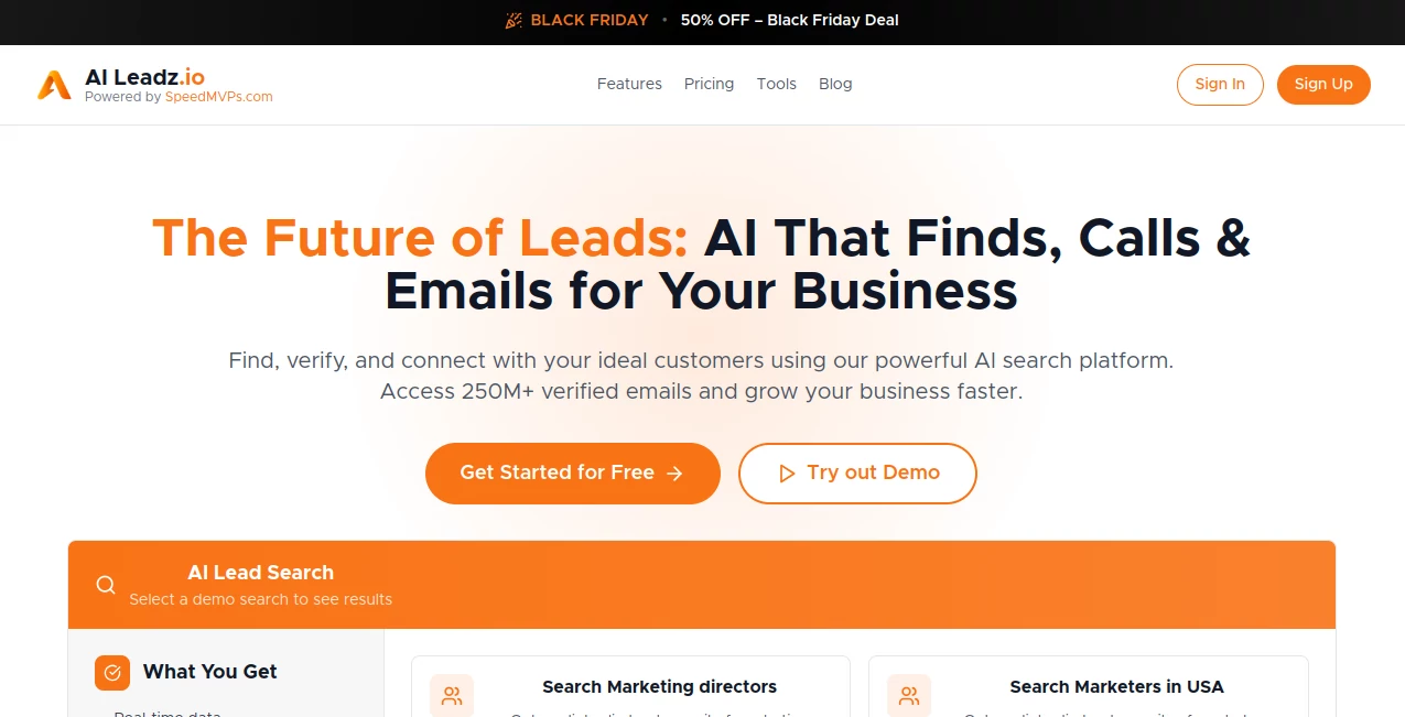 Screenshot of AILeadz.io – An AI tool in the ,AI Sales Assistant ,AI CRM Assistant ,AI Digital Marketing Generator ,AI Lead Generation  category, showcasing its interface and key features.