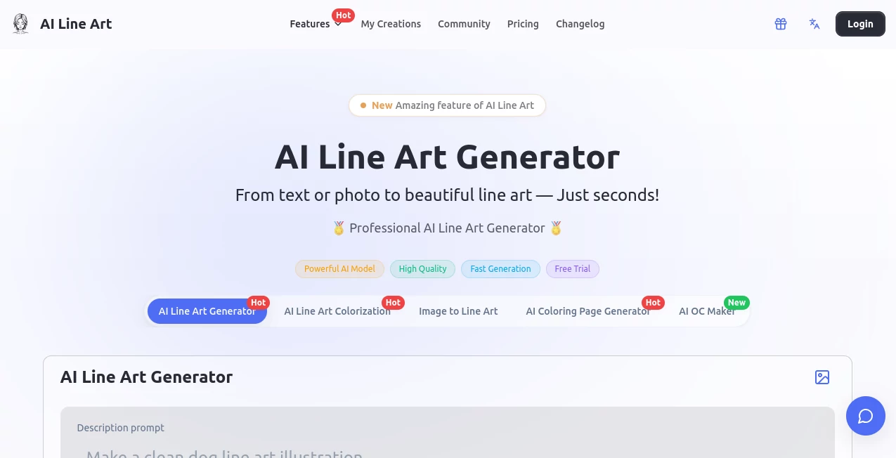 Screenshot of AI Line Art – An AI tool in the ,Photo & Image Editor ,AI Art Generator ,AI Design Generator  category, showcasing its interface and key features.