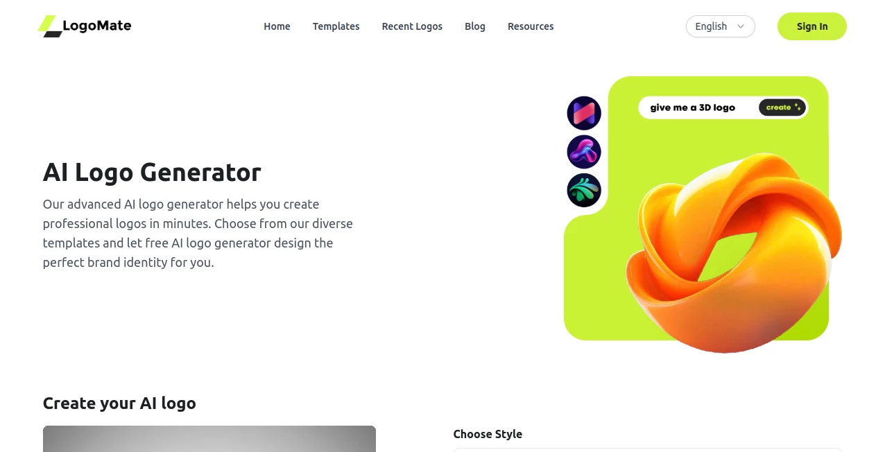 Screenshot of AI Logo Generator – An AI tool in the ,AI Logo Generator ,AI Design Generator ,AI Graphic Design ,AI Design Assistant  category, showcasing its interface and key features.
