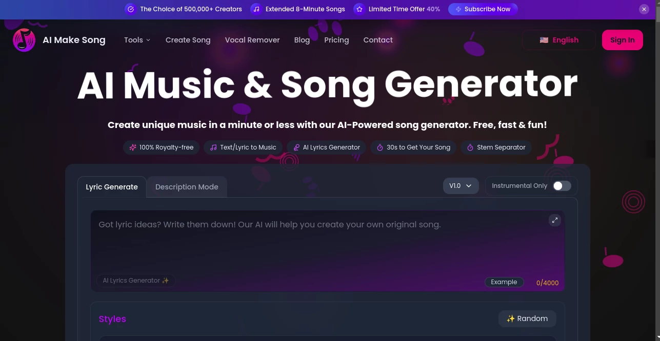 Screenshot of AI Make Song – An AI tool in the ,Text & Writing ,AI Music Generator ,Voice  category, showcasing its interface and key features.