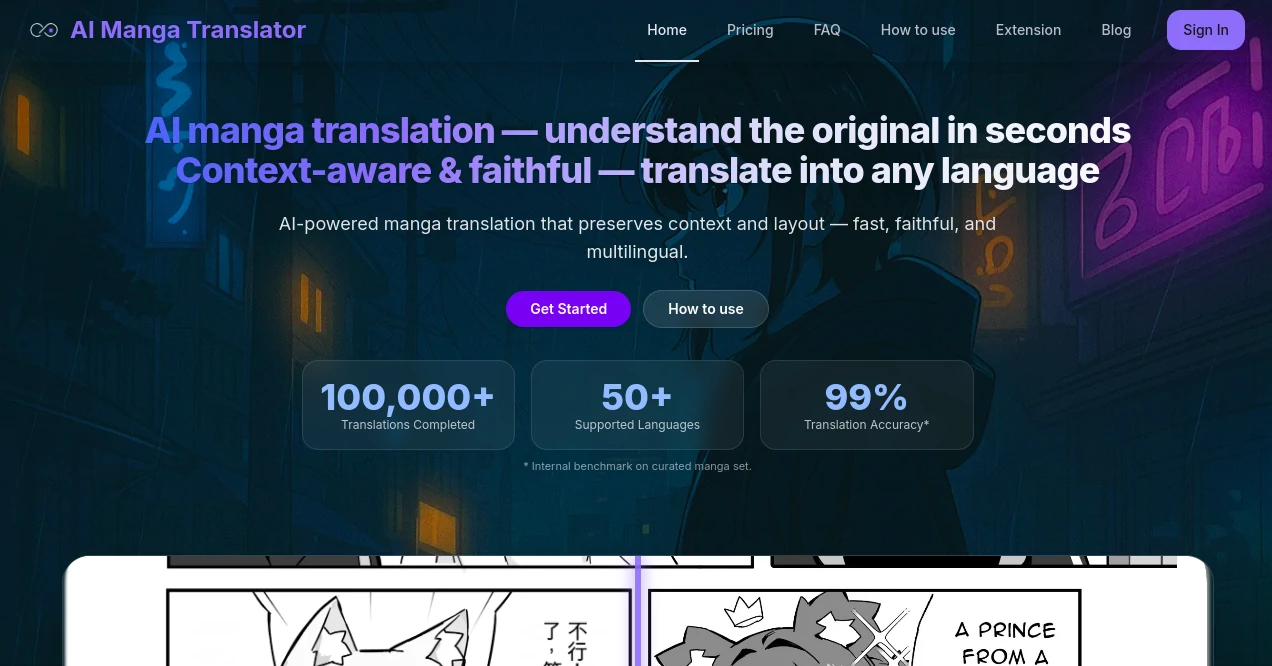 Screenshot of AI Manga Translator – An AI tool in the ,AI Paraphraser ,AI Translate ,AI Content Generator ,AI Rewriter  category, showcasing its interface and key features.