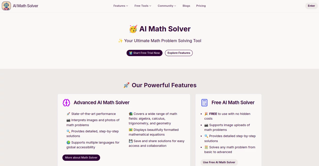 Screenshot of AI Math Solver – An AI tool in the ,Education  category, showcasing its interface and key features.
