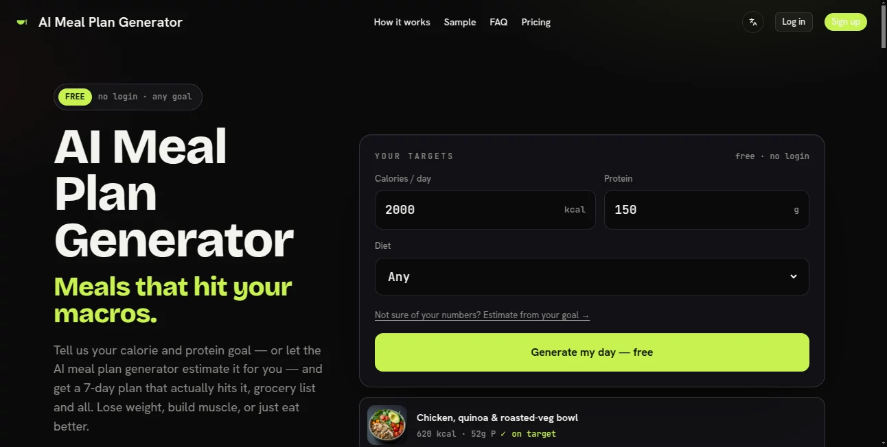 Screenshot of AI Meal Plan Generator – An AI tool in the ,AI Cooking Assistant ,AI Recipe Assistant ,AI Life Assistant ,AI Healthcare  category, showcasing its interface and key features.