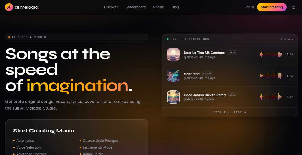 Screenshot of AI Melody Studio – An AI tool in the ,AI Music Generator ,AI Voice & Audio Editing ,AI Text to Music ,AI Singing Generator  category, showcasing its interface and key features.