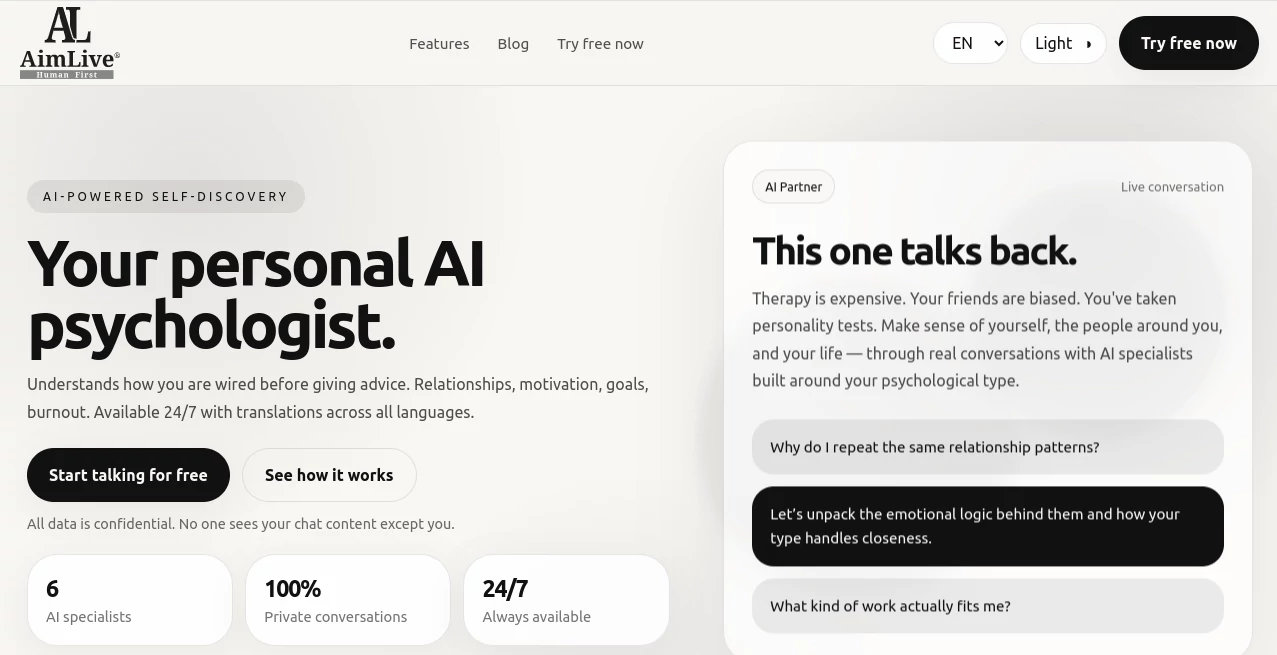 Screenshot of AimLive AI – An AI tool in the ,AI Life Assistant ,AI Mental Health ,AI Coaching ,AI Chatbot  category, showcasing its interface and key features.