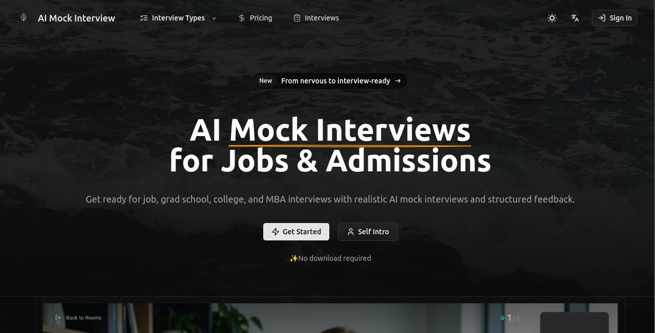 Screenshot of AI Mock Interviews – An AI tool in the ,AI Life Assistant ,AI Interview Assistant ,AI Coaching ,AI Productivity Tools  category, showcasing its interface and key features.