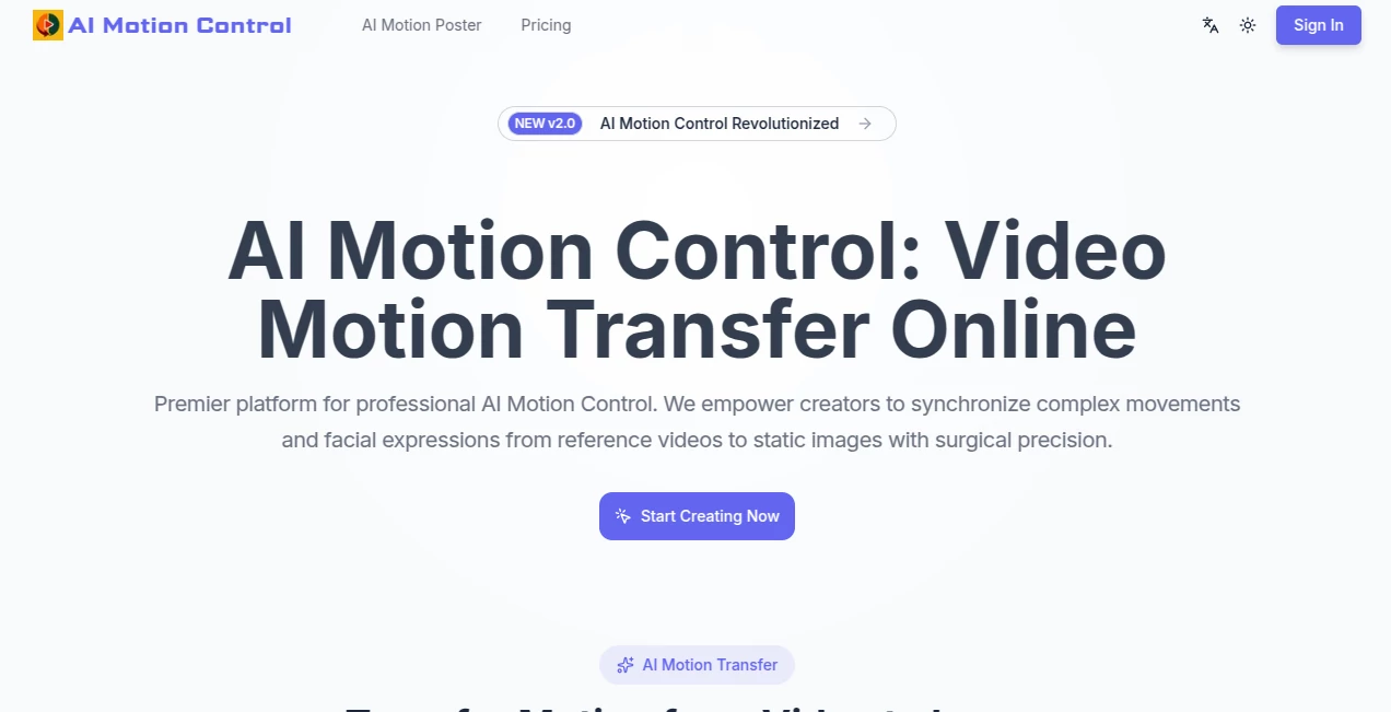 Screenshot of AI Motion Control – An AI tool in the ,AI Animated Video ,AI Image to Video ,AI Video Generator ,AI Video Editor  category, showcasing its interface and key features.