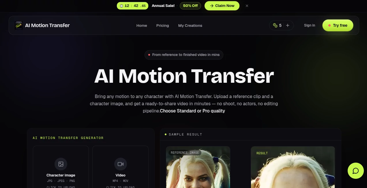 Screenshot of AI Motion Transfer – An AI tool in the ,AI Animated Video ,AI Image to Video ,AI Video Editor ,AI Video Generator  category, showcasing its interface and key features.