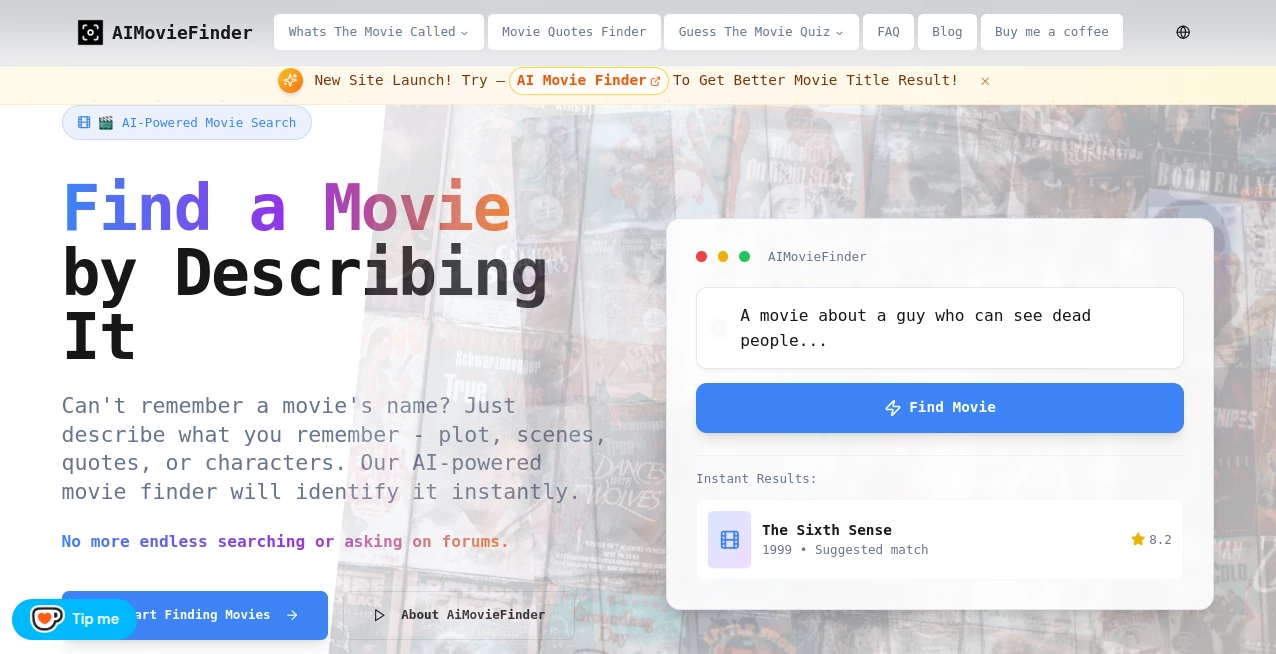 Screenshot of AIMovieFinder – An AI tool in the ,AI Fun Tools ,AI Search Engine  category, showcasing its interface and key features.