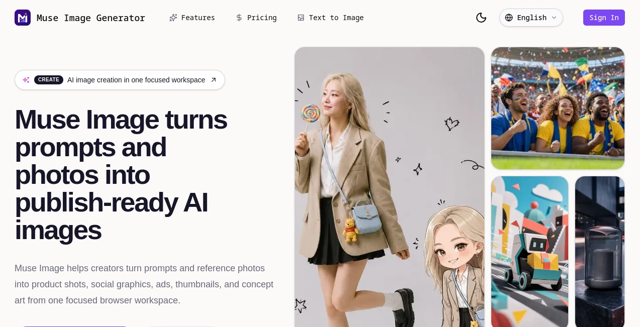 Screenshot of Muse Image Generator – An AI tool in the ,AI Photo & Image Generator ,AI Photography ,AI Image to Image ,AI Text to Image  category, showcasing its interface and key features.