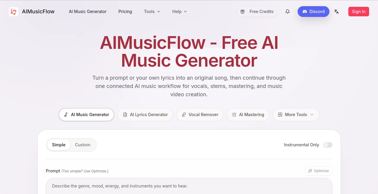 Screenshot of AIMusicFlow – An AI tool in the ,AI Text to Music ,AI Singing Generator ,AI Rap Generator ,AI Voice & Audio Editing  category, showcasing its interface and key features.