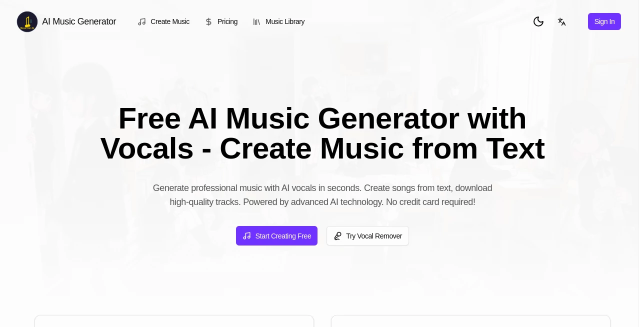 Screenshot of AI Music Generator – An AI tool in the ,AI Text to Music ,AI Lyrics Generator ,AI Music Generator ,AI Singing Generator  category, showcasing its interface and key features.