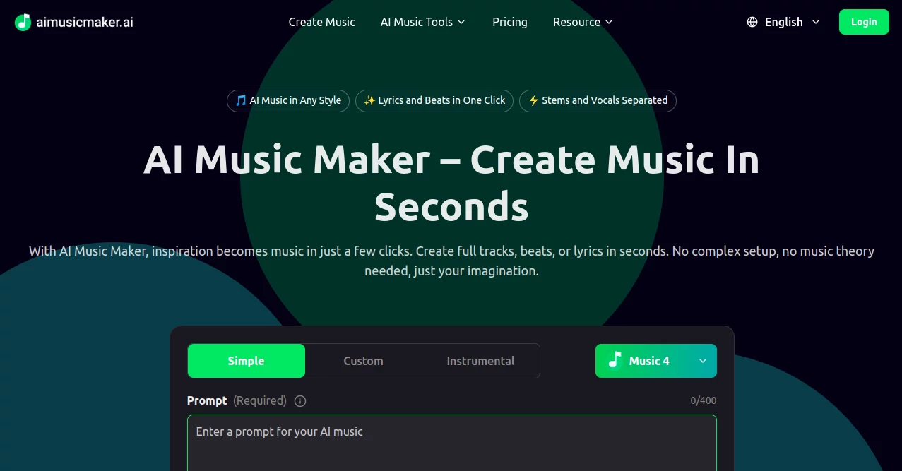 Screenshot of AI Music Maker – An AI tool in the ,AI Voice Changer ,AI Text to Music ,AI Lyrics Generator ,AI Music Generator  category, showcasing its interface and key features.