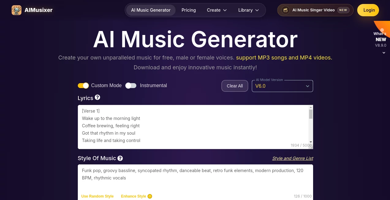 Screenshot of Aimusixer – An AI tool in the ,AI Audio Enhancer ,AI Music Generator ,AI Voice & Audio Editing  category, showcasing its interface and key features.