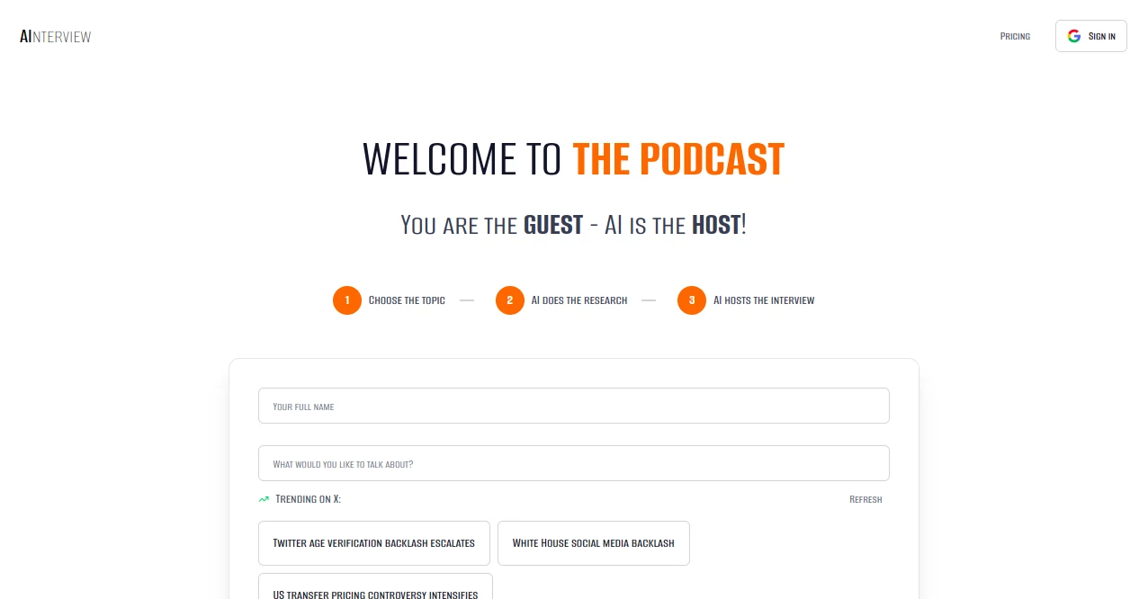 Screenshot of AInterview – An AI tool in the ,AI Podcast Assistant  category, showcasing its interface and key features.