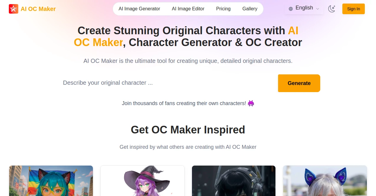 Screenshot of AI OC Maker – An AI tool in the ,AI Creative Writing ,AI Illustration Generator ,AI Character ,AI Art Generator  category, showcasing its interface and key features.
