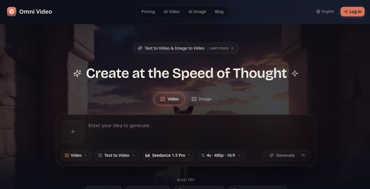 Screenshot of Omni Video – An AI tool in the ,AI Image to Video ,AI Video Generator ,AI Video Editor ,AI Text to Video  category, showcasing its interface and key features.