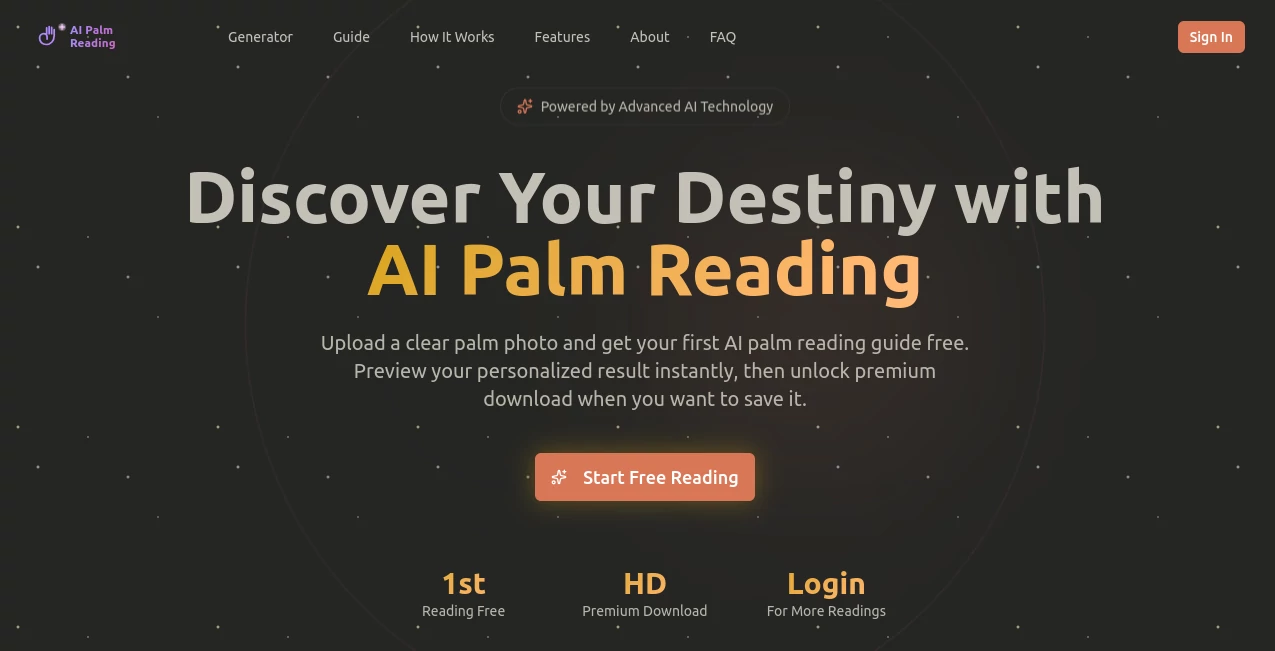 Screenshot of AI Palm Reading – An AI tool in the ,AI Chatbot ,AI Life Assistant ,AI Fun Tools ,AI Coaching  category, showcasing its interface and key features.