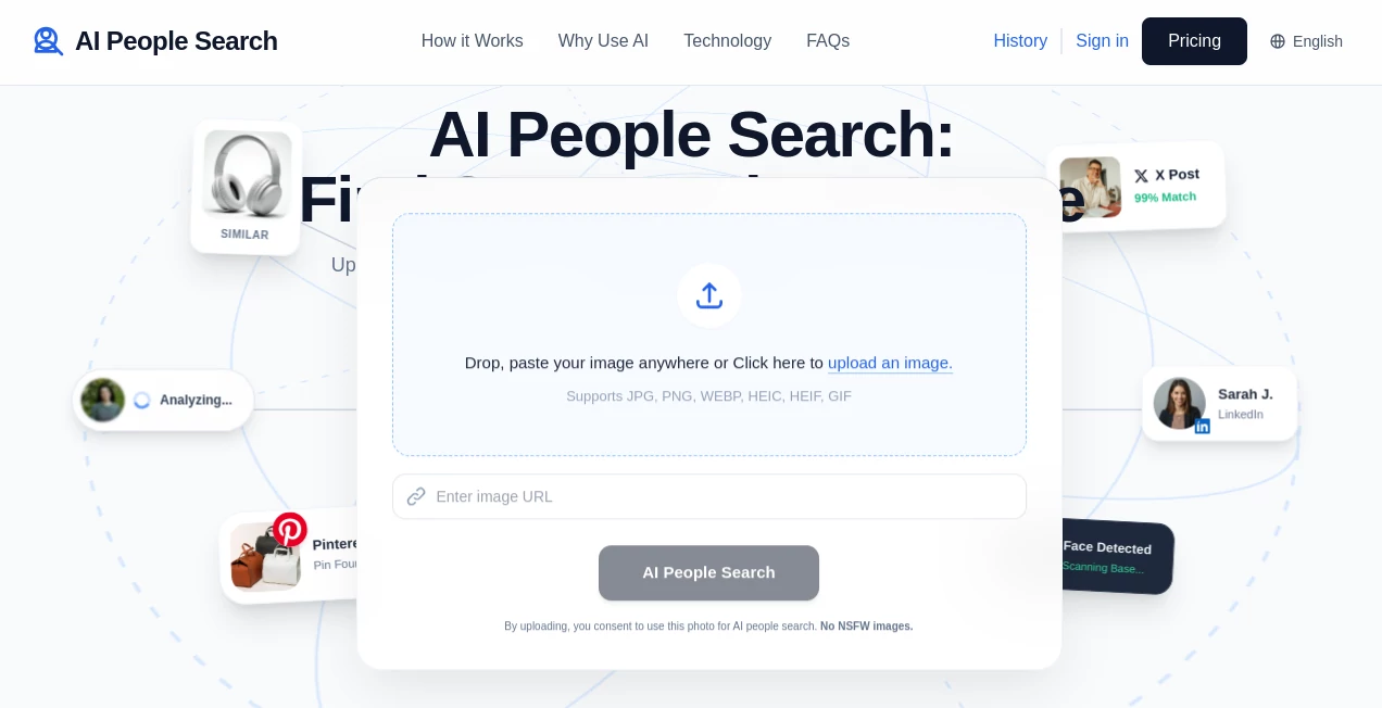 Screenshot of AI People Search – An AI tool in the ,AI Image Recognition ,AI Research Tool ,AI Face Swap Generator ,AI Search Engine  category, showcasing its interface and key features.
