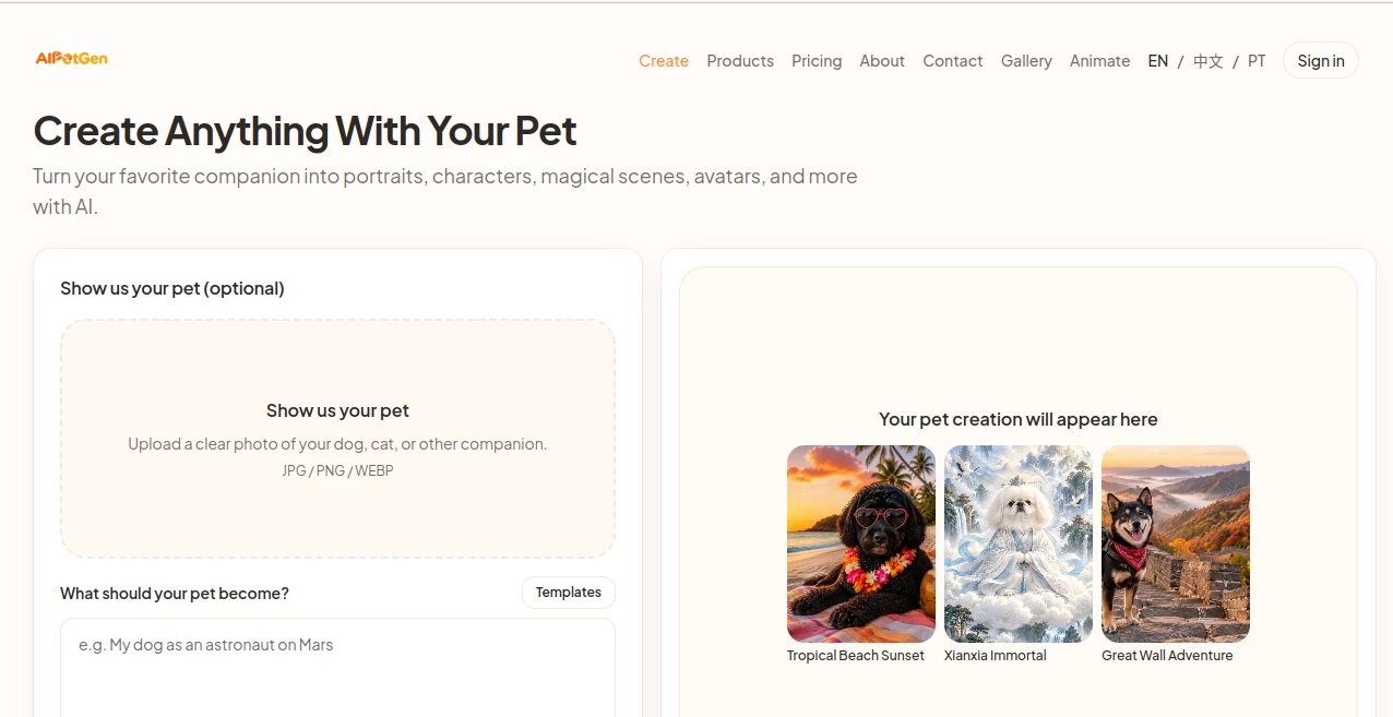 Screenshot of AIPetGen – An AI tool in the ,AI Text to Image ,AI Photo & Image Generator ,AI Selfie & Portrait ,AI Image to Video ,Image  category, showcasing its interface and key features.