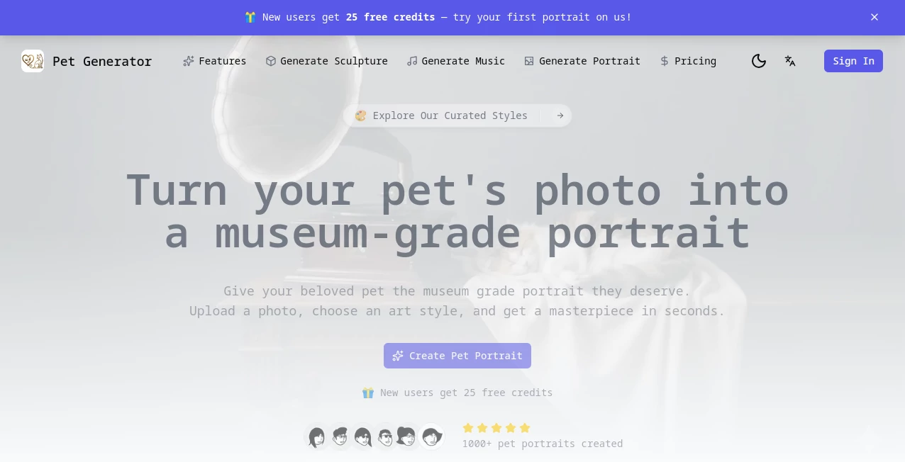 Screenshot of Pet Generator – An AI tool in the ,AI Photo & Image Generator ,AI Avatar Generator ,AI Image to Image ,AI 3D Model Generator  category, showcasing its interface and key features.