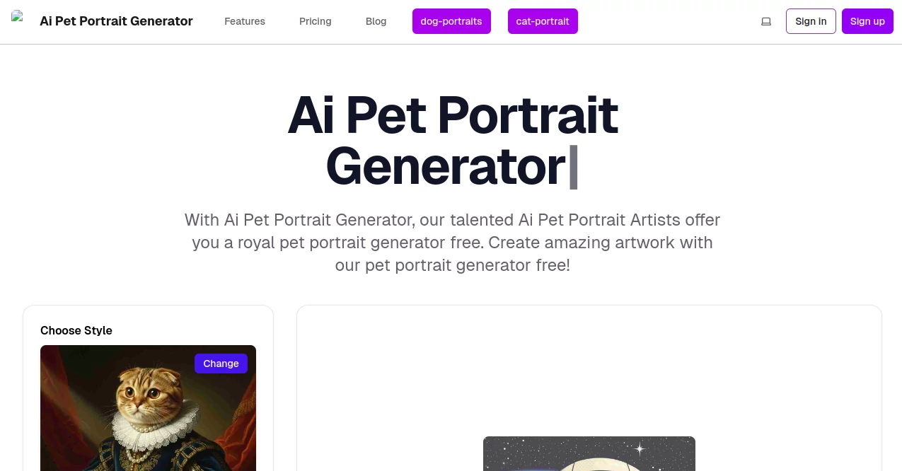Screenshot of Ai pet portrait generator – An AI tool in the ,AI Photo & Image Generator ,Photo & Image Editor ,AI Photo Enhancer ,AI Art Generator  category, showcasing its interface and key features.
