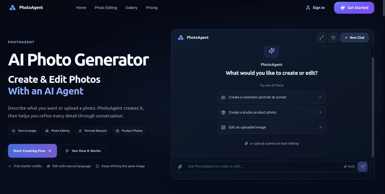 Screenshot of PhotoAgent – An AI tool in the ,AI Text to Image ,Image  category, showcasing its interface and key features.