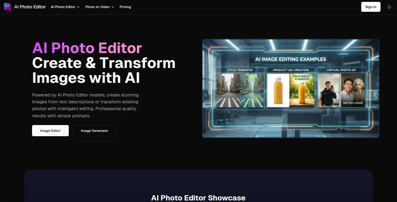Screenshot of AI Photo Editor – An AI tool in the ,Photo & Image Editor ,AI Photo Enhancer ,AI Image to Image ,AI Art Generator  category, showcasing its interface and key features.