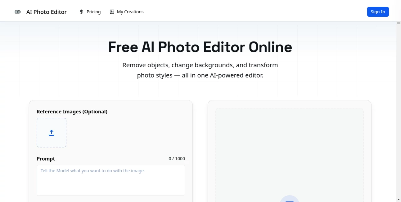 Screenshot of AI Photo Editor – An AI tool in the ,AI Photo & Image Generator ,AI Background Remover ,Photo & Image Editor ,AI Photo Enhancer  category, showcasing its interface and key features.