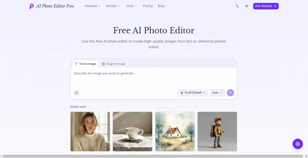 Screenshot of AI Photo Editor Free – An AI tool in the ,AI Photo & Image Generator ,AI Background Remover ,AI Photo Enhancer ,AI Image to Image  category, showcasing its interface and key features.