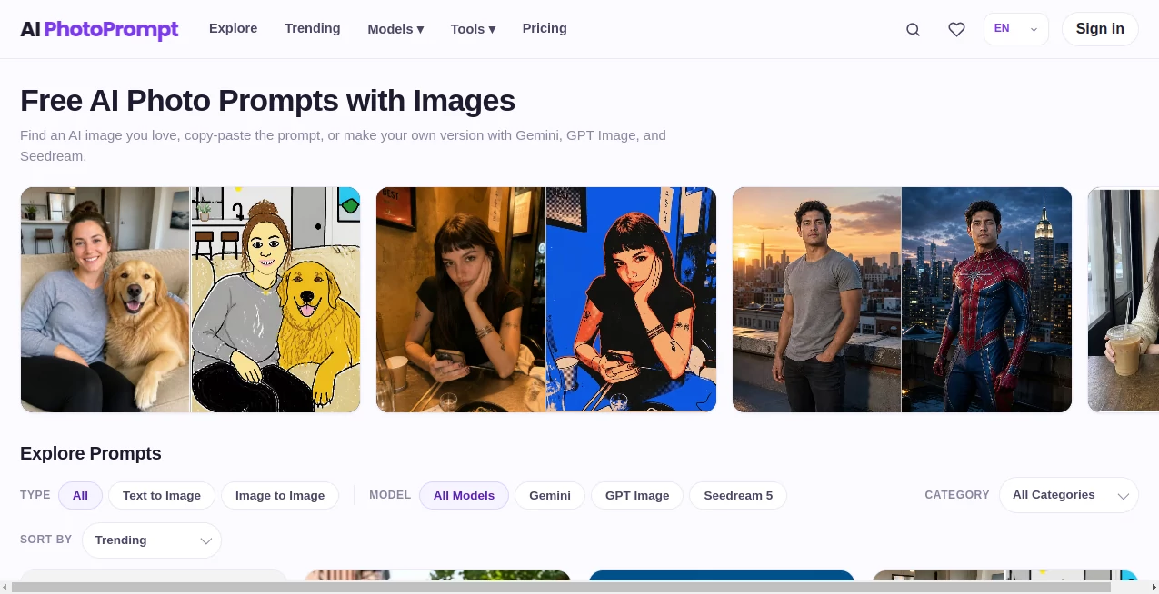 Screenshot of AI PhotoPrompt – An AI tool in the ,AI Photo & Image Generator ,Prompt ,AI Photography  category, showcasing its interface and key features.