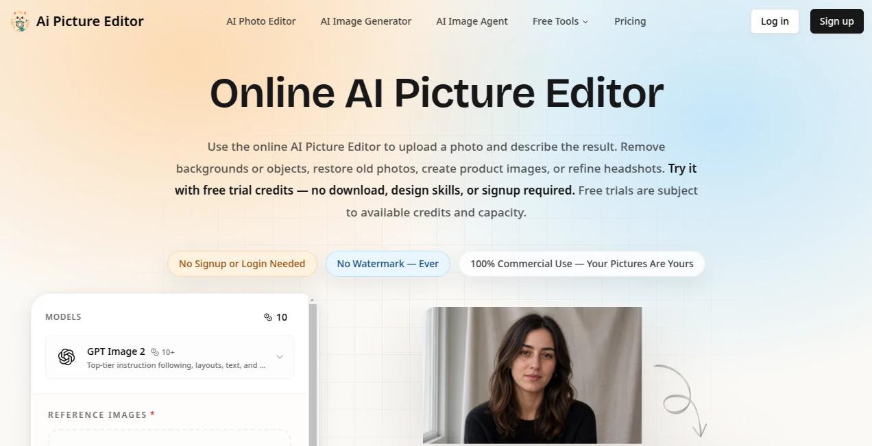 Screenshot of Ai Picture Editor – An AI tool in the ,AI Background Remover ,Photo & Image Editor ,AI Photo Restoration ,AI Image to Image  category, showcasing its interface and key features.