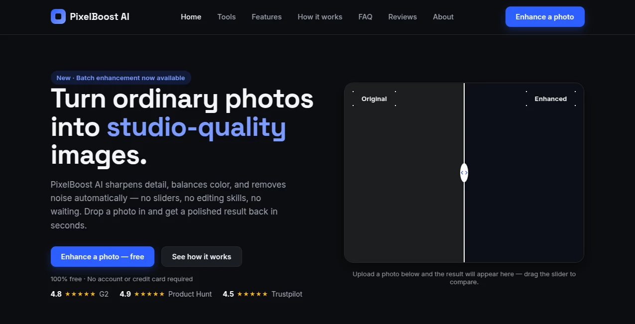 Screenshot of Ai Pixel Boost – An AI tool in the ,Photo & Image Editor ,AI Photo Enhancer ,AI Photo Restoration  category, showcasing its interface and key features.