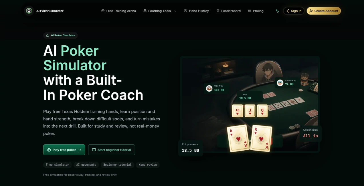 Screenshot of AI Poker Simulator – An AI tool in the ,AI Game ,AI Sports  category, showcasing its interface and key features.