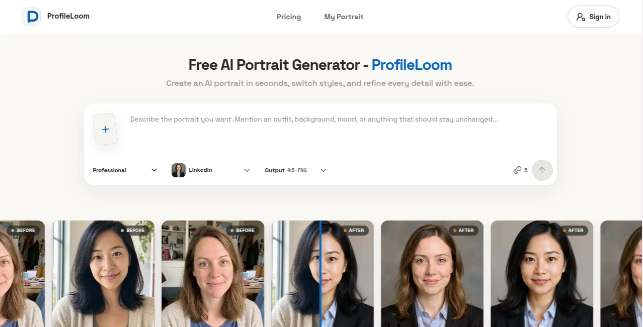 Screenshot of ProfileLoom – An AI tool in the ,AI Photo & Image Generator ,AI Avatar Generator ,AI Selfie & Portrait ,AI Photography  category, showcasing its interface and key features.